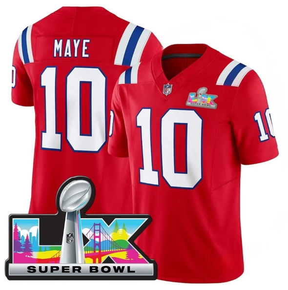New England Patriots Drake Maye Red Super Bowl LX Patch Jersey
