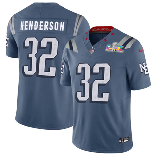 New England Patriots TreVeyon Henderson Blue 2026 Super Bowl LX Patch Rivalries Collection Jersey