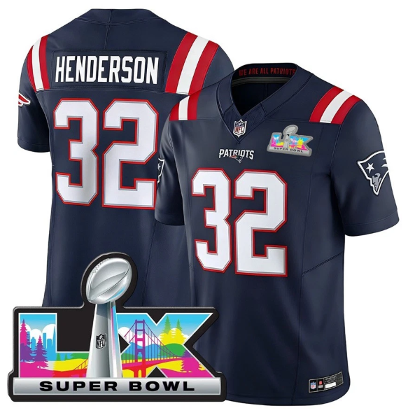 New England Patriots TreVeyon Henderson Navy Super Bowl LX Patch Jersey