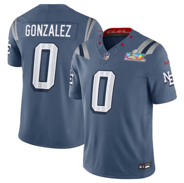 New England Patriots Christian Gonzalez Blue 2026 Super Bowl LX Patch Rivalries Collection Jersey