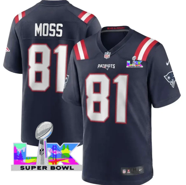 New England Patriots Randy Moss Navy Super Bowl LX Patch Jersey