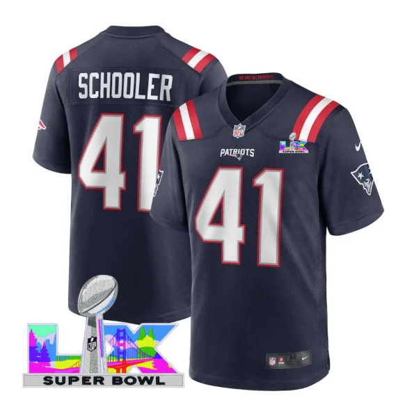 New England Patriots Brenden Schooler Navy Super Bowl LX Patch Jersey