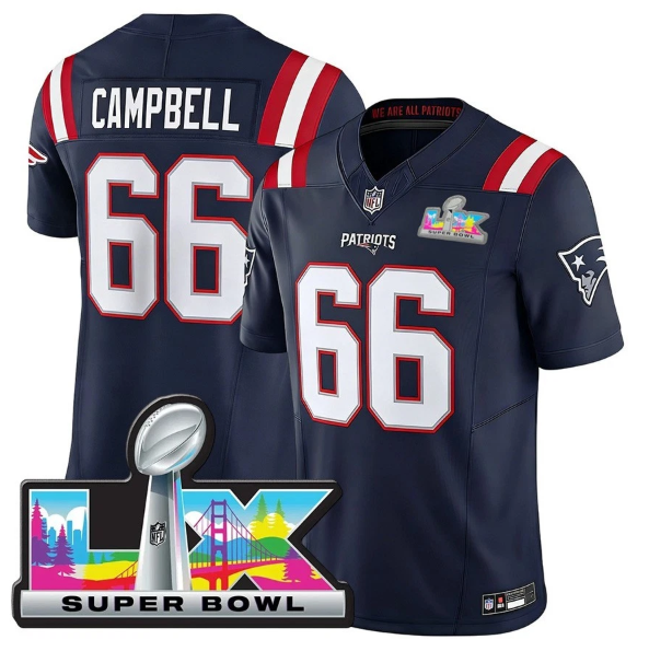 New England Patriots Will Campbell Navy Super Bowl LX Patch Jersey