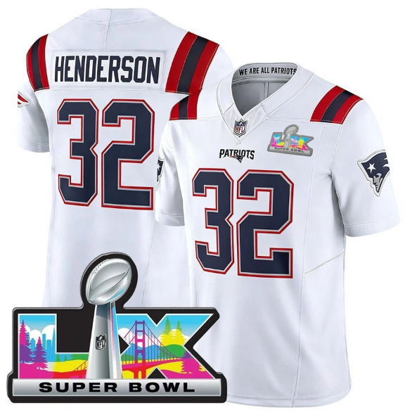 New England Patriots TreVeyon Henderson White Super Bowl LX Patch Jersey