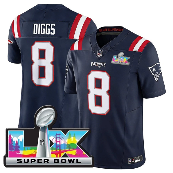 New England Patriots Stefon Diggs Navy Super Bowl LX Patch Jersey