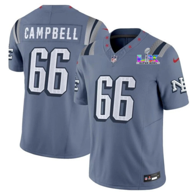 New England Patriots Will Campbell Blue 2026 Super Bowl LX Patch Rivalries Collection Jersey