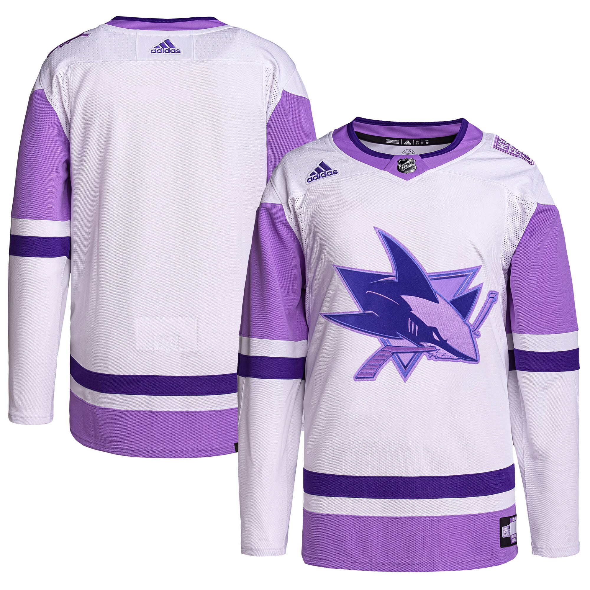 San Jose Sharks adidas Hockey Fights Cancer Primegreen Authentic Blank Practice Jersey - White\/Purple