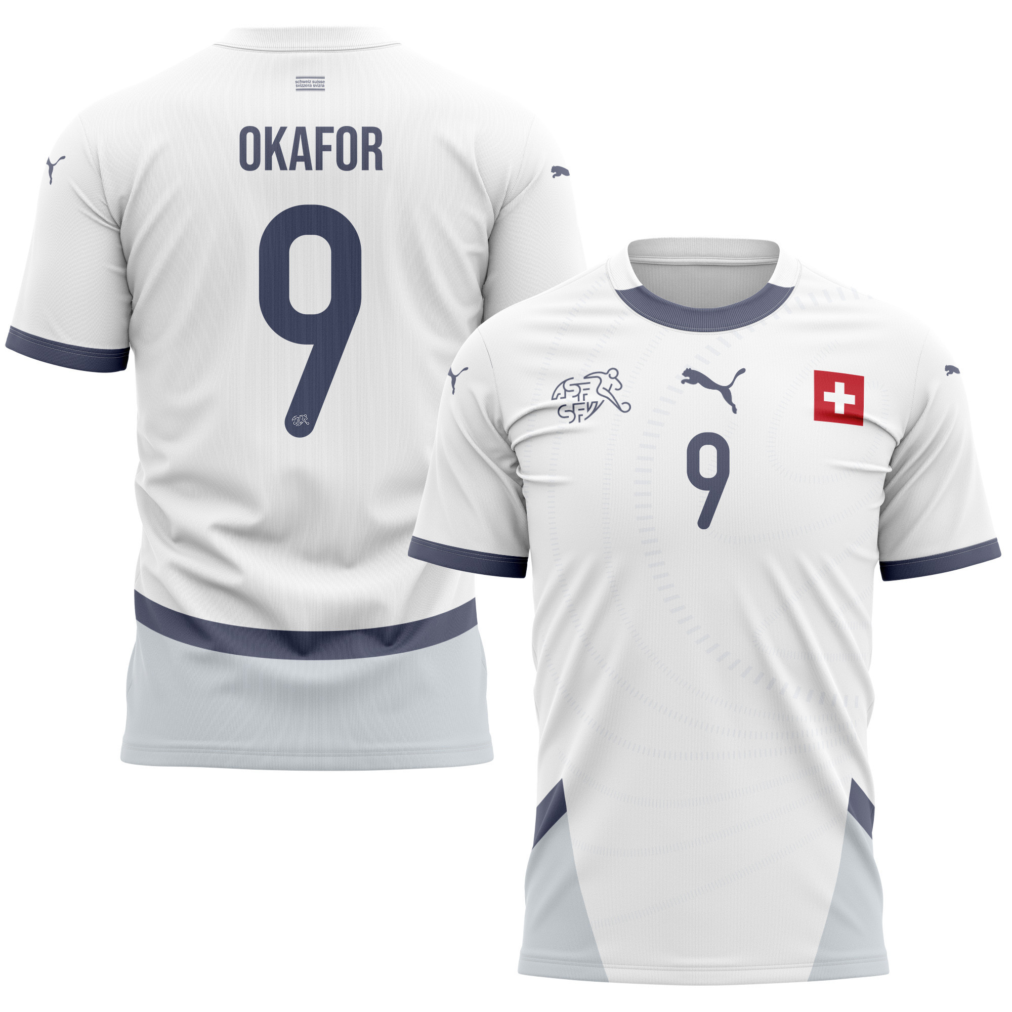 Noah Okafor 9 Switzerland National Team 2024/25 Away Kits AOP T-shirt - White