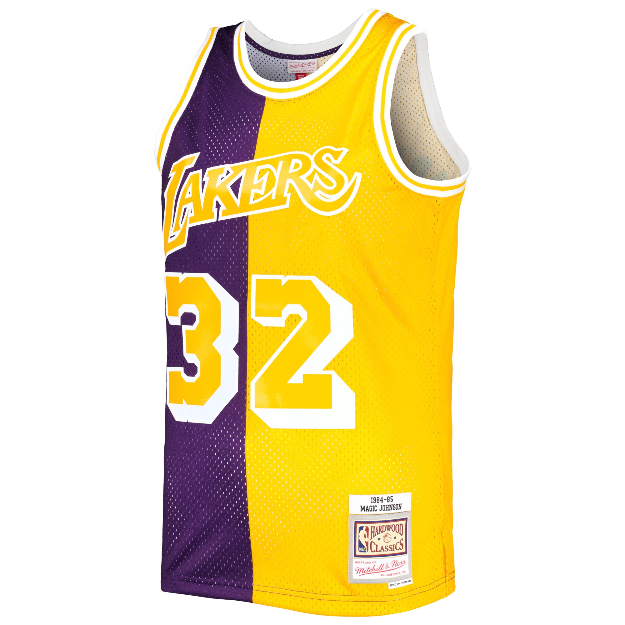 Magic Johnson Los Angeles Lakers Mitchell & Ness Hardwood Classics 1984\/85 Split Swingman Jersey - Purple\/Gold