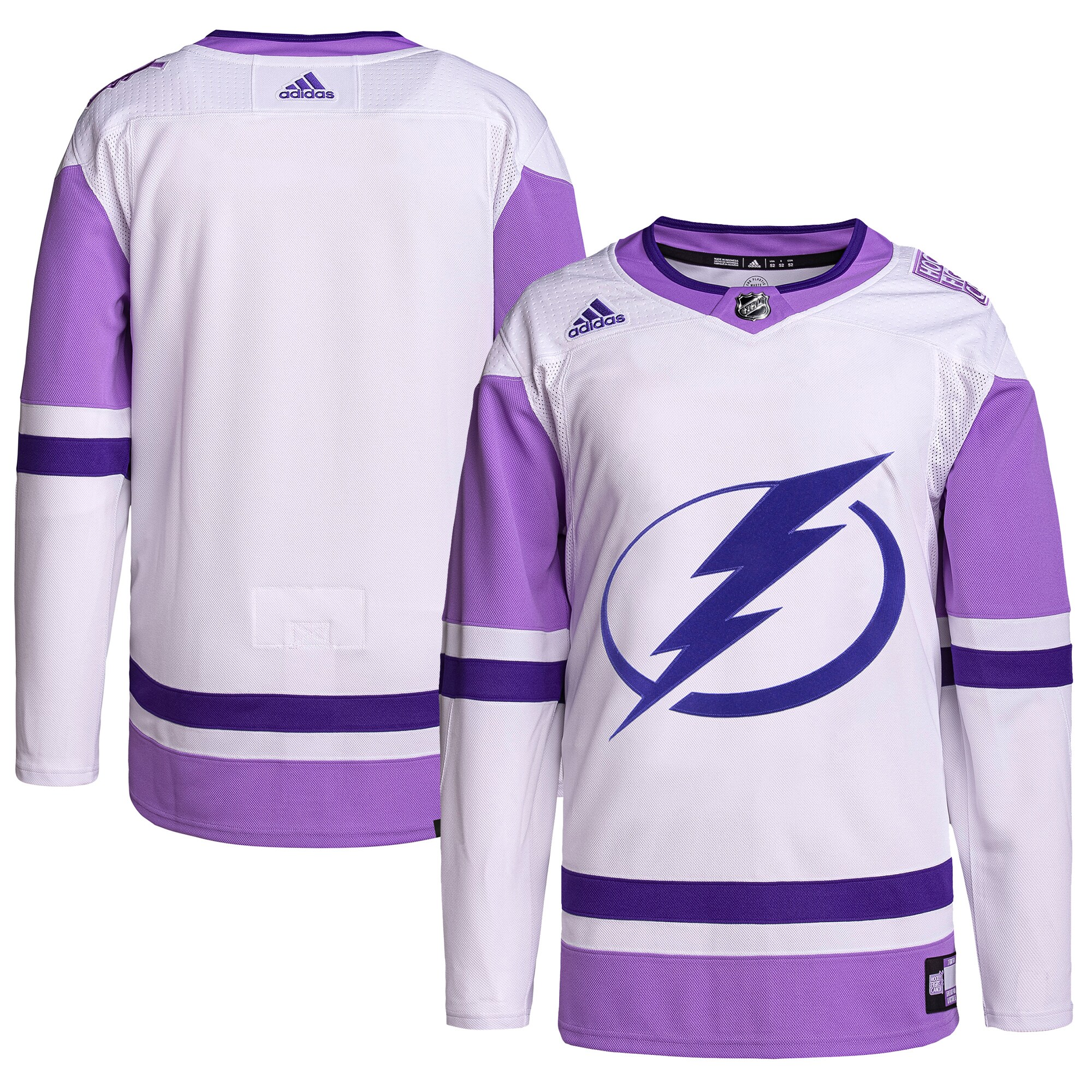 Tampa Bay Lightning adidas Hockey Fights Cancer Primegreen Authentic Blank Practice Jersey - White\/Purple