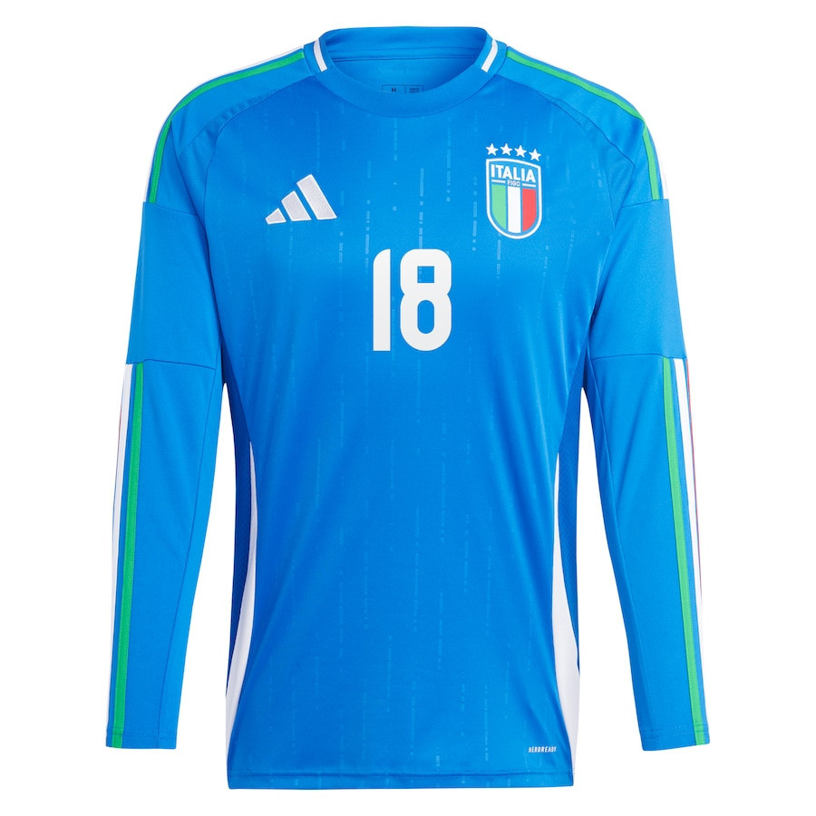 Nicolo Barella 18 Italy National Team 2024 Home Long Sleeve Men Jersey - Blue