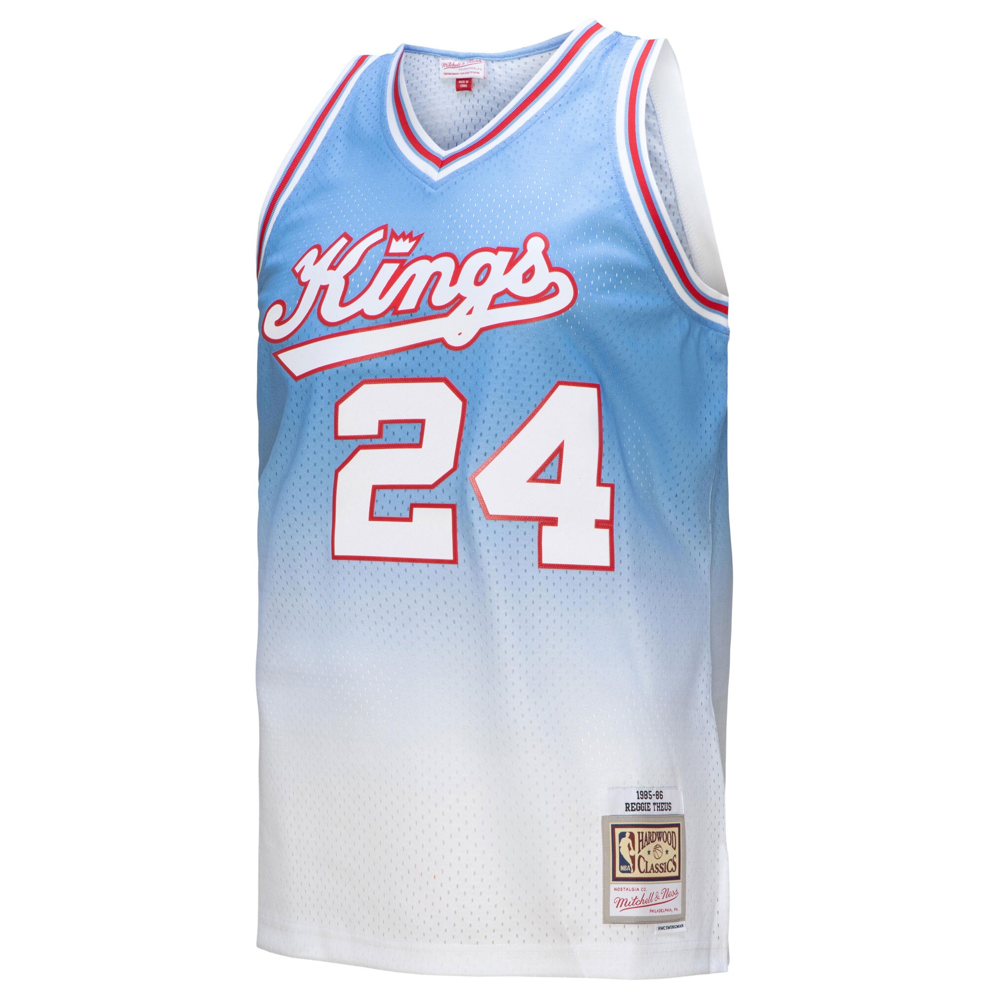 Reggie Theus Sacramento Kings Mitchell & Ness 1985\/86 Hardwood Classics Fadeaway Swingman Player Jersey - White\/Light Blue