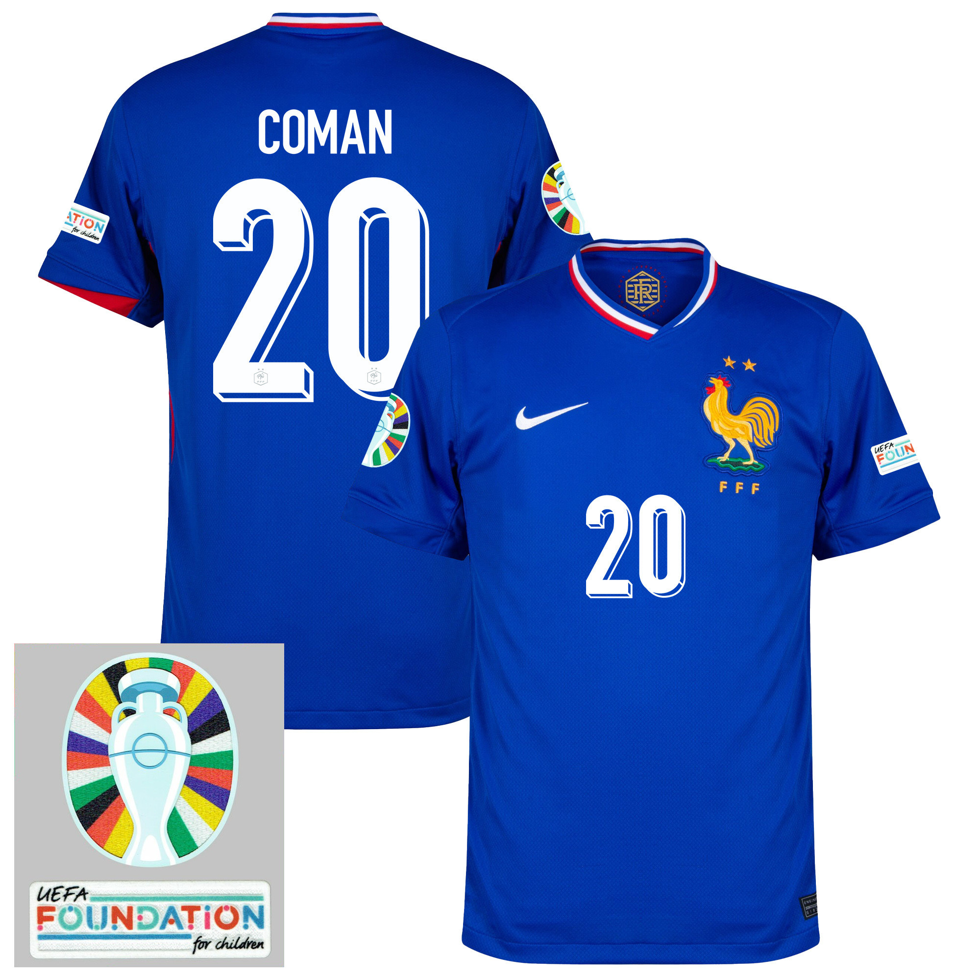 Kingsley Coman 20 France National Team 2024/25 Home Jersey - Euro UEFA Patch - Men, Blue