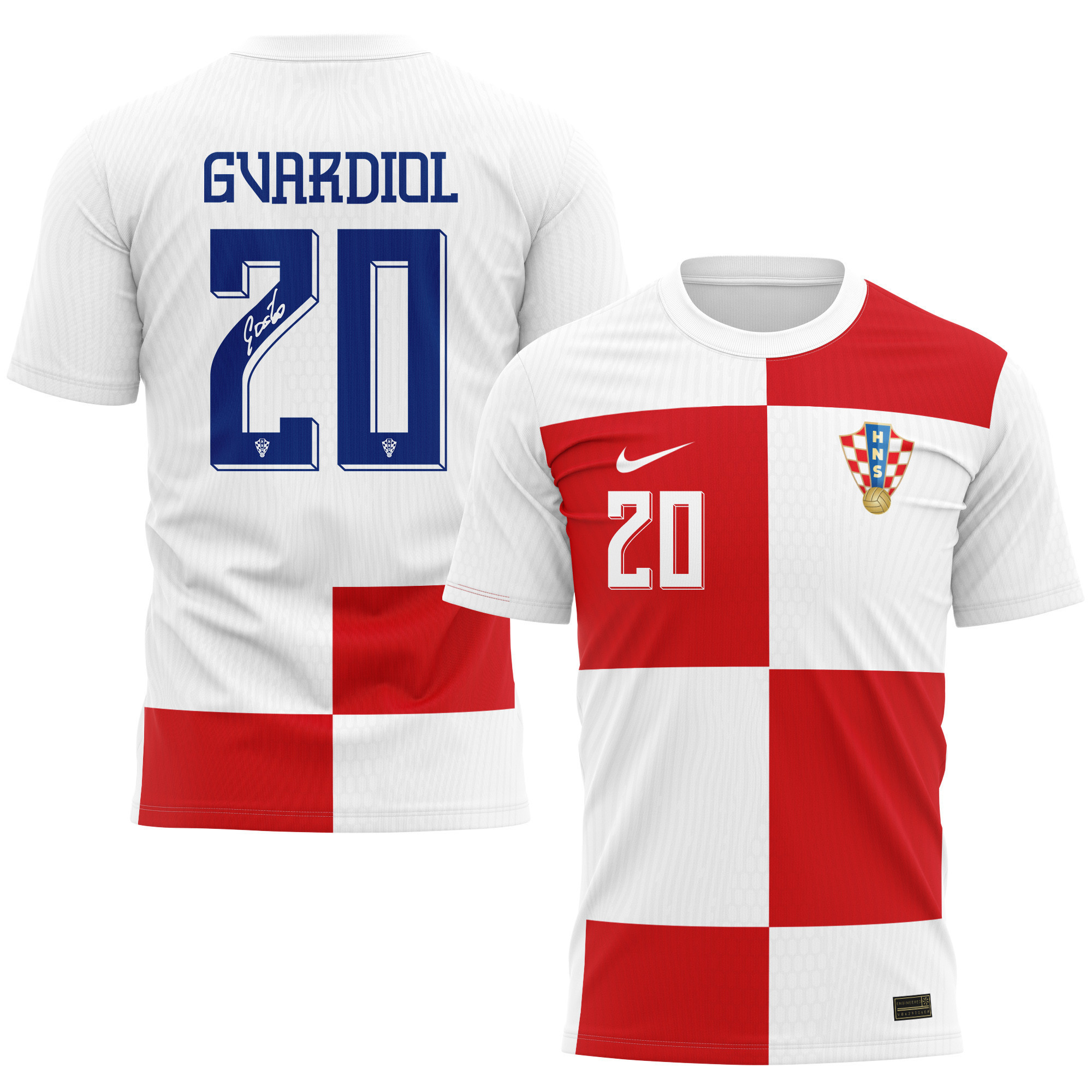 Joško Gvardiol 20 Signed Croatia National Team 2024/25 Home Kits AOP T-shirt Autographed - White