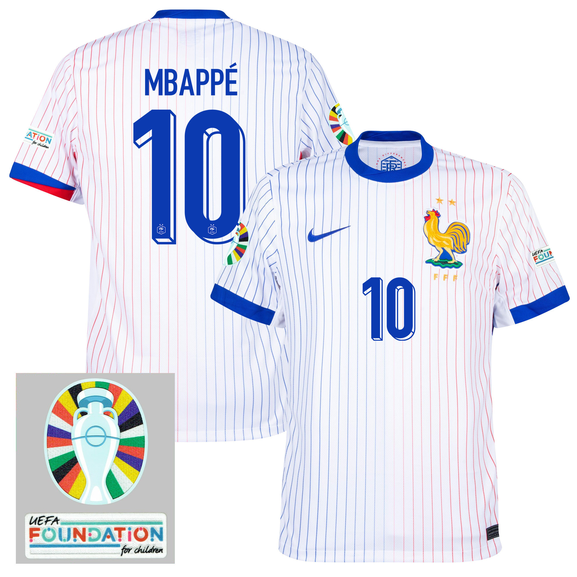 Kylian Mbappé 10 France National Team 2024/25 Away Jersey - Euro UEFA Patch - Men, White
