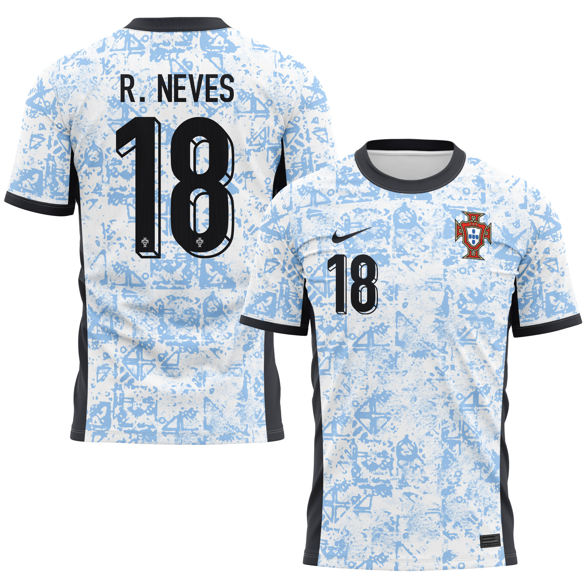 Rúben Neves 18 Portugal National Team 2024/25 Away Kits AOP T-shirt - Cream/Blue