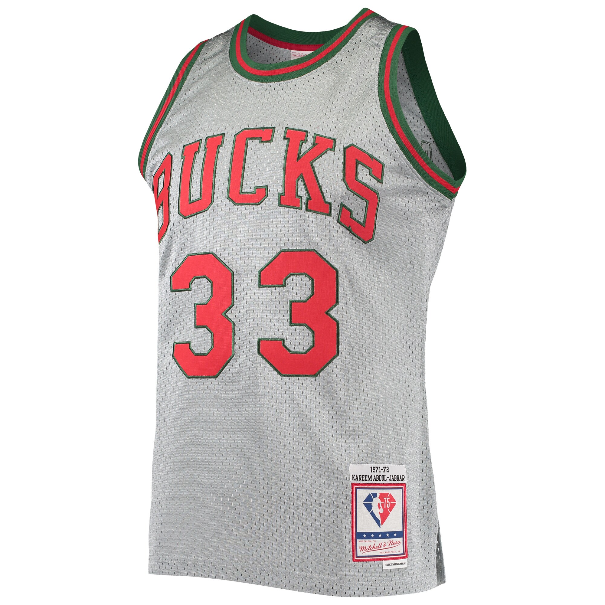 Kareem Abdul-Jabbar Milwaukee Bucks Mitchell & Ness 75th Anniversary 1971\/72 Hardwood Classics Swingman Jersey - Silver