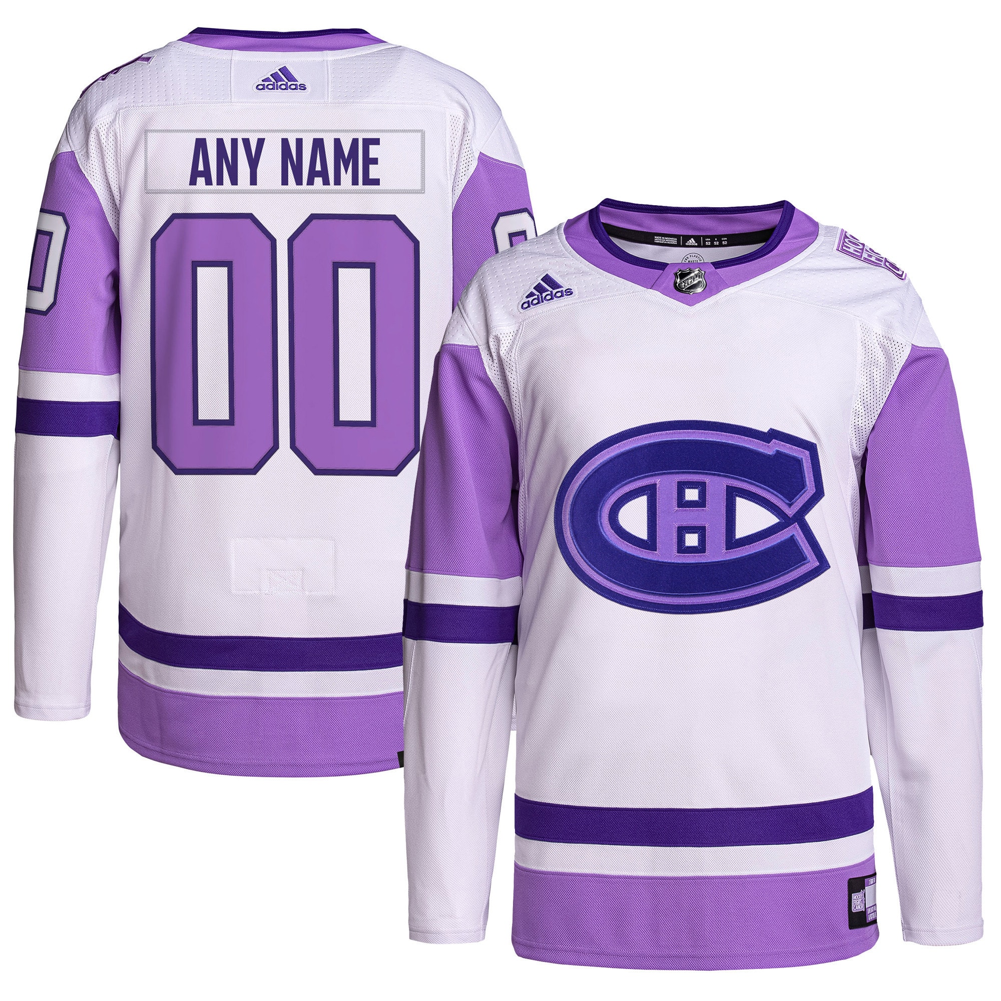 Montreal Canadiens adidas Hockey Fights Cancer Primegreen Authentic Custom Jersey - White\/Purple