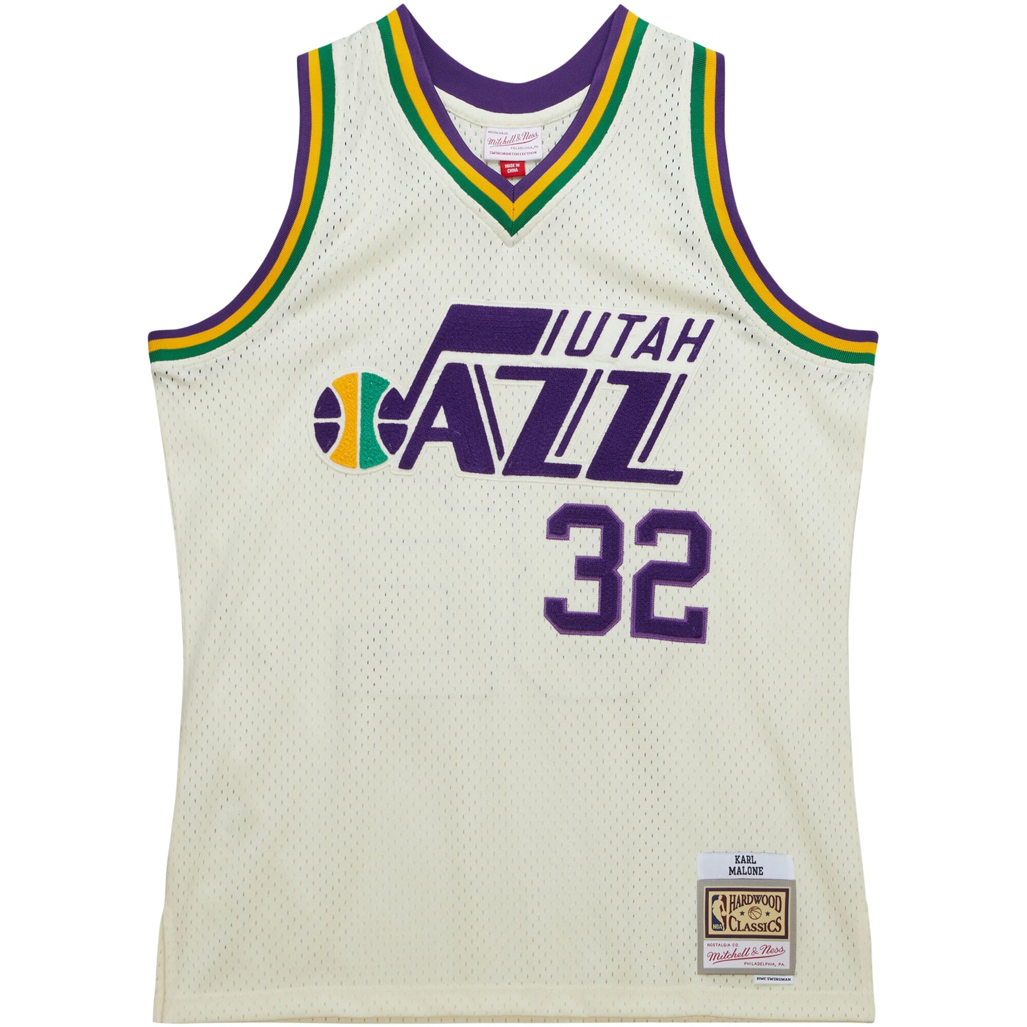 Karl Malone Utah Jazz Mitchell & Ness Chainstitch Swingman Jersey - Cream