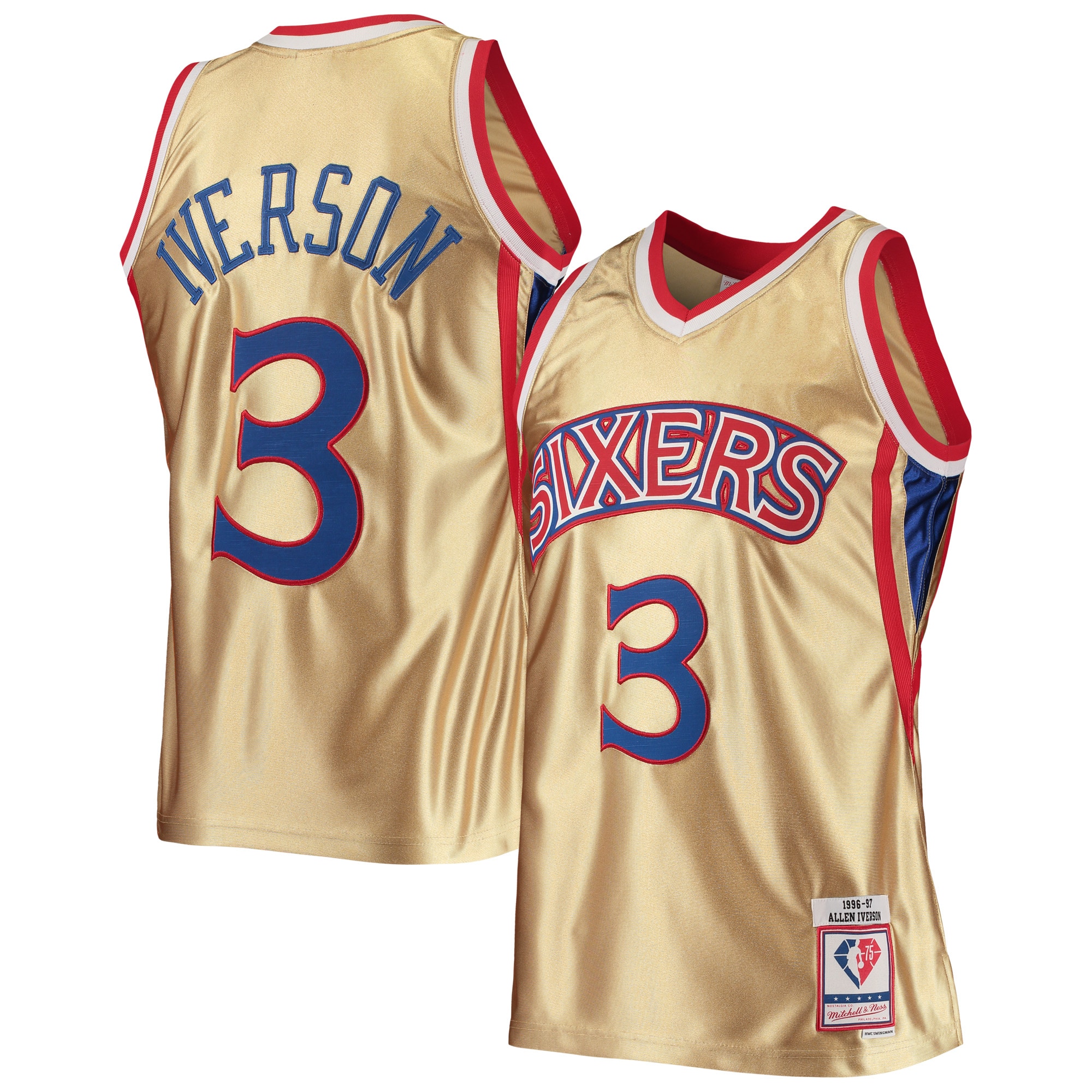Allen Iverson Philadelphia 76ers Mitchell & Ness 75th Anniversary 1996\/97 Hardwood Classics Swingman Jersey - Gold
