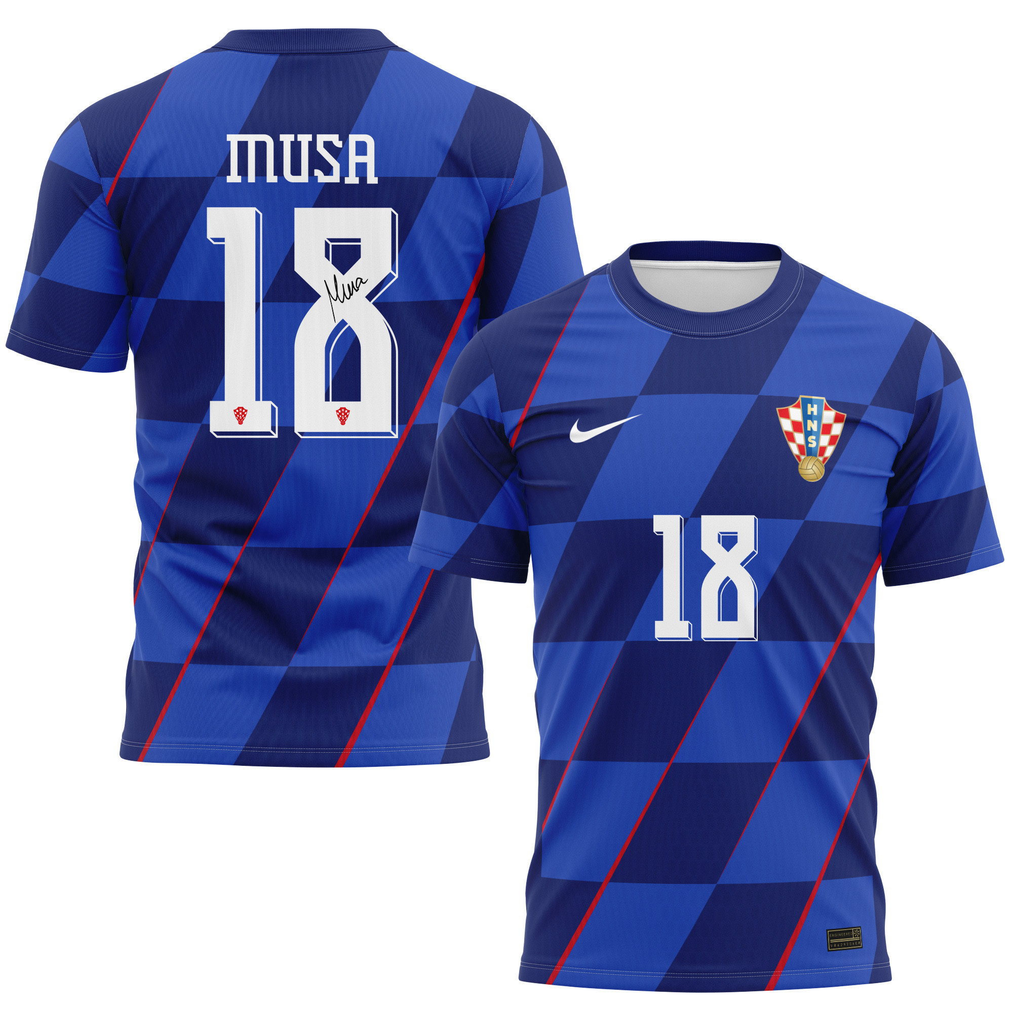Petar Musa 18 Signed Croatia National Team 2024/25 Away Kits AOP T-shirt Autographed - Navy