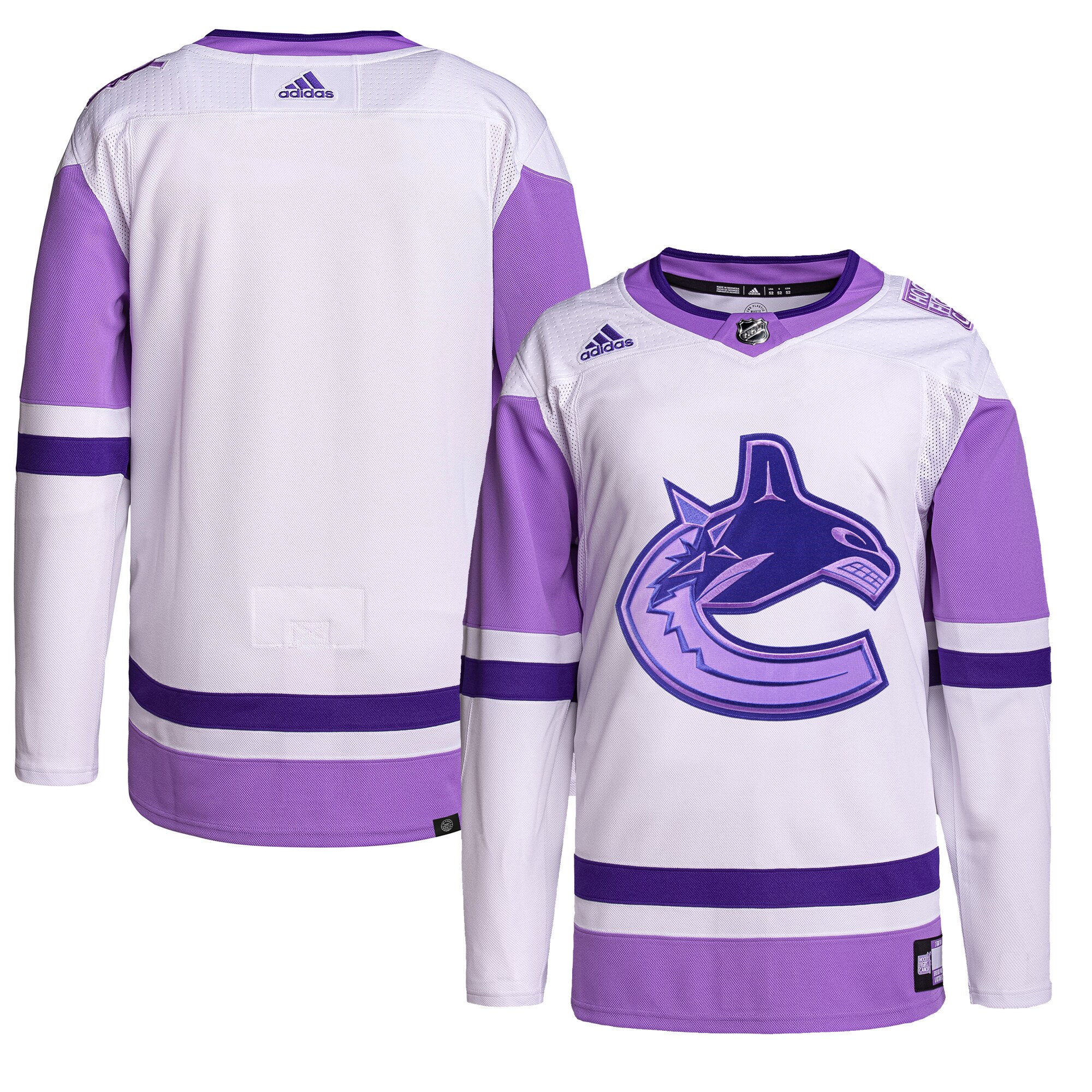 Vancouver Canucks adidas Hockey Fights Cancer Primegreen Authentic Blank Practice Jersey - White\/Purple
