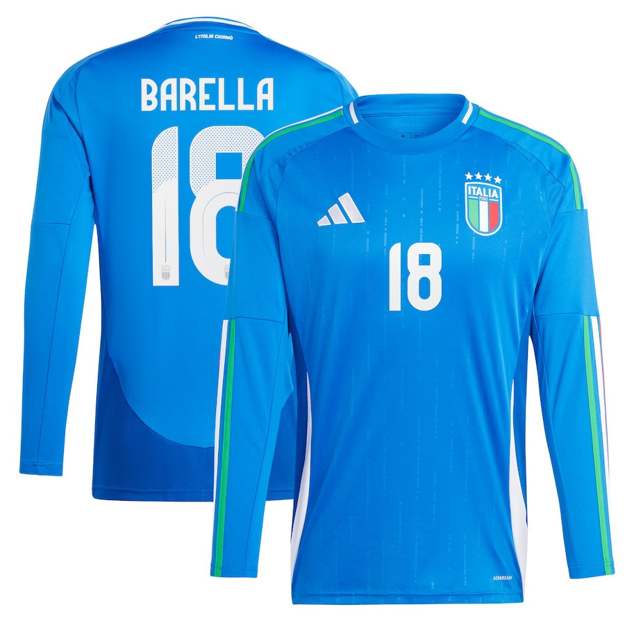 Nicolo Barella 18 Italy National Team 2024 Home Long Sleeve Men Jersey - Blue