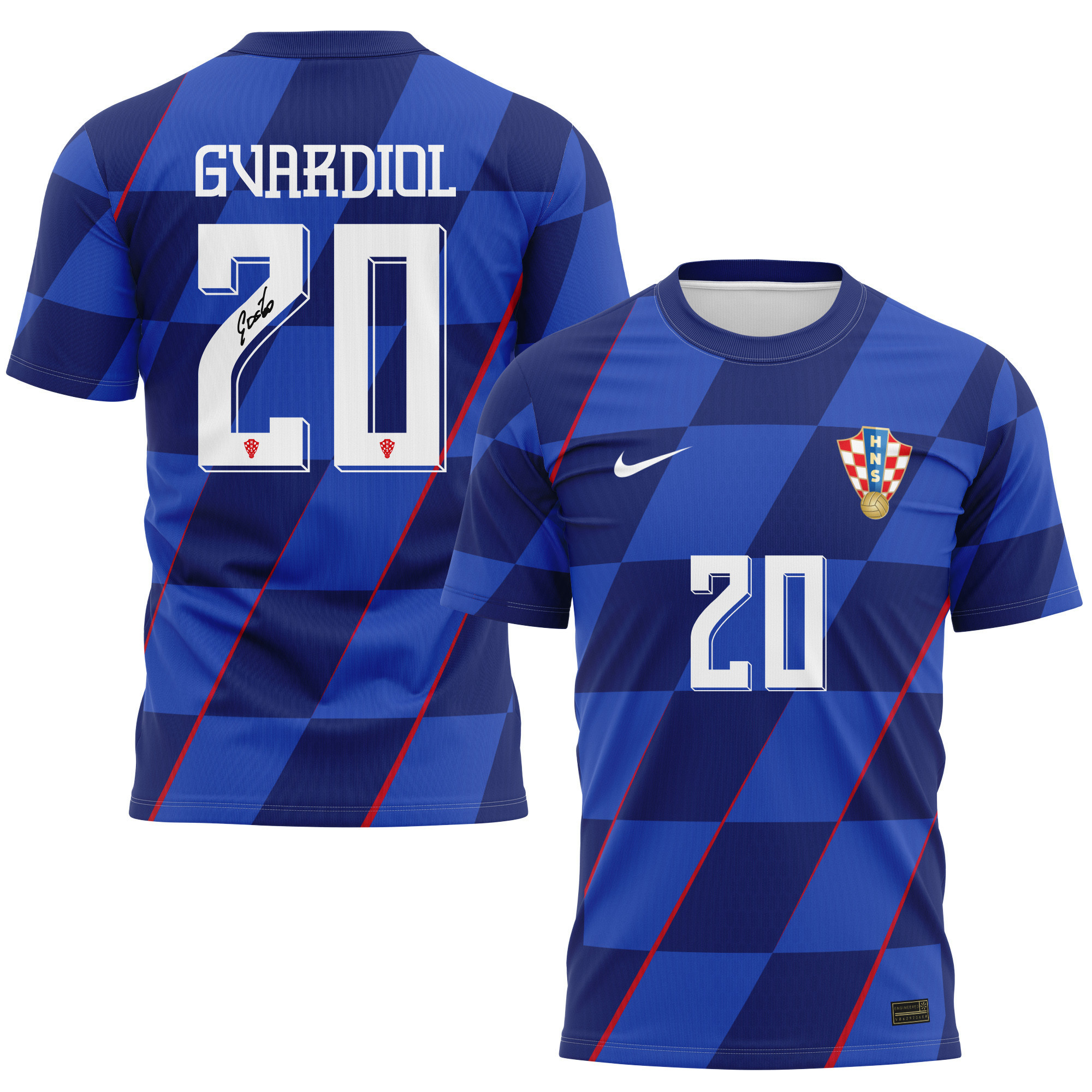 Joško Gvardiol 20 Signed Croatia National Team 2024/25 Away Kits AOP T-shirt Autographed - Navy