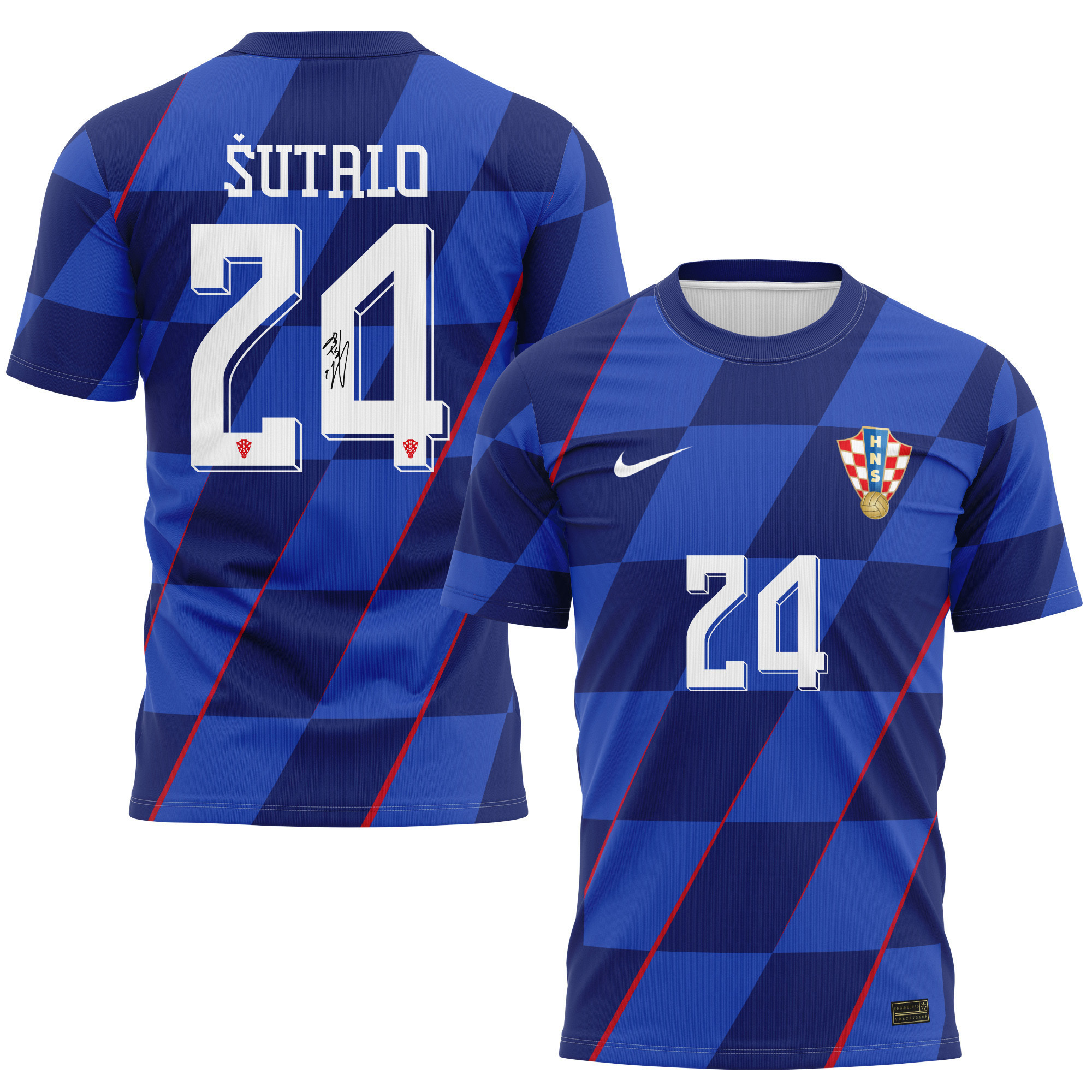 Josip Šutalo 24 Signed Croatia National Team 2024/25 Away Kits AOP T-shirt Autographed - Navy