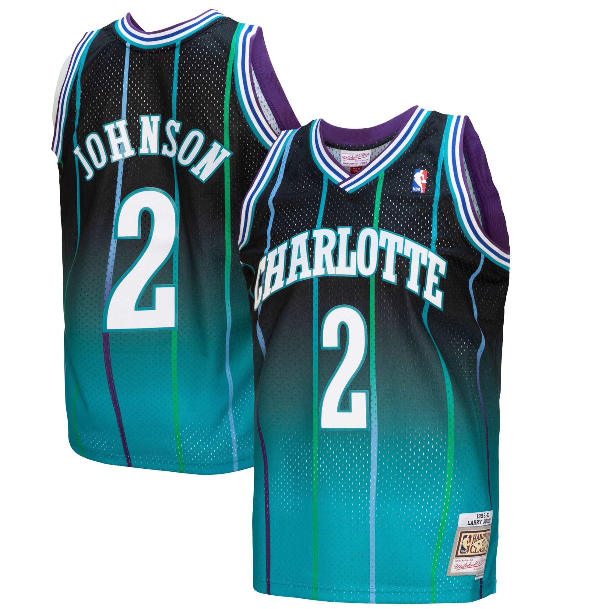 Larry Johnson Charlotte Hornets Mitchell & Ness 1992\/93 Hardwood Classics Fadeaway Swingman Player Jersey - Teal\/Black