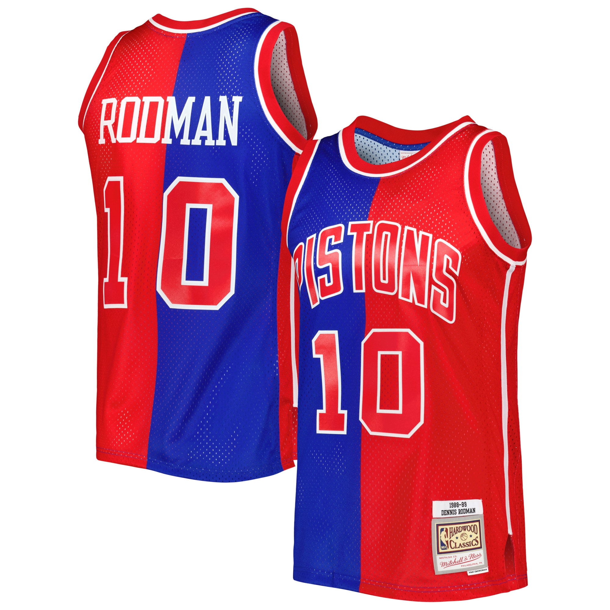 Dennis Rodman Detroit Pistons Mitchell & Ness Hardwood Classics 1988\/89 Split Swingman Jersey - Blue\/Red