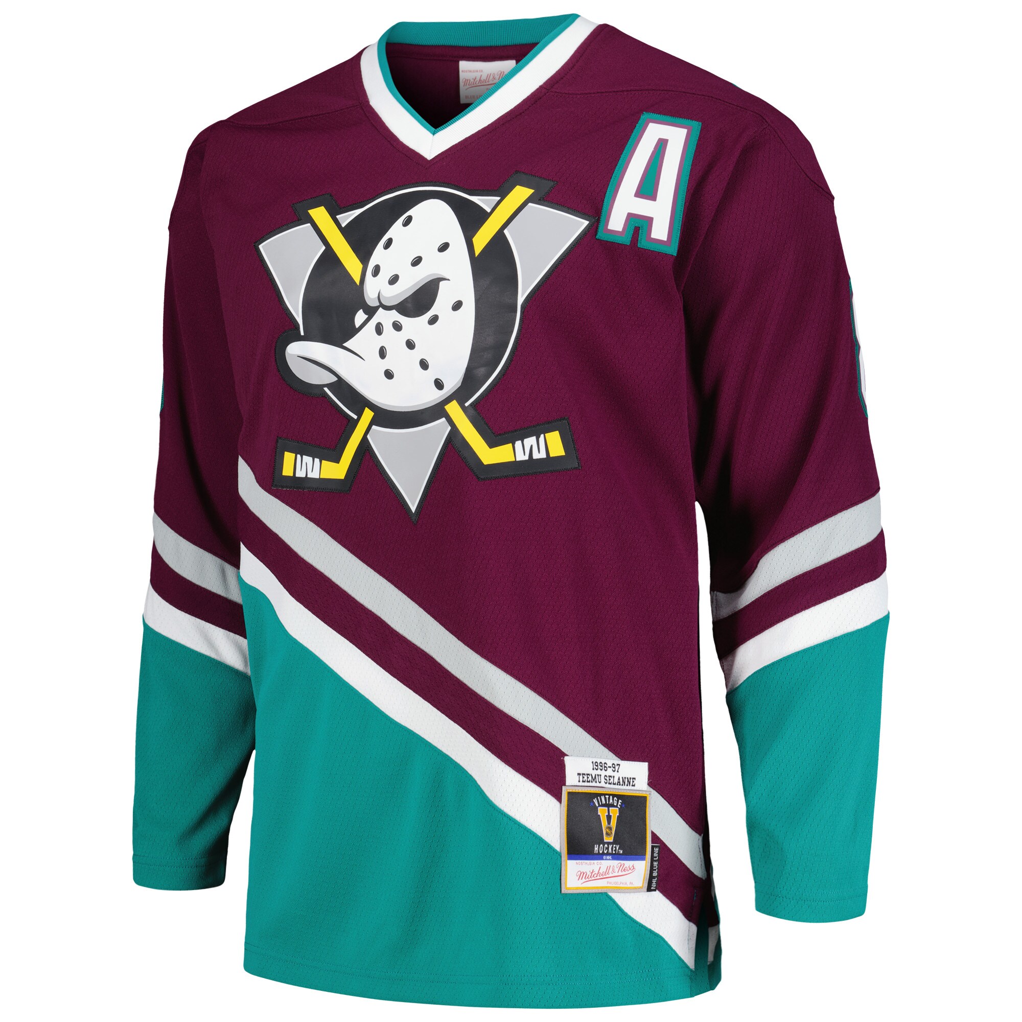 Teemu Selanne Anaheim Ducks Mitchell & Ness  1996\/97 Alternate Captain Patch Blue Line Player Jersey - Purple