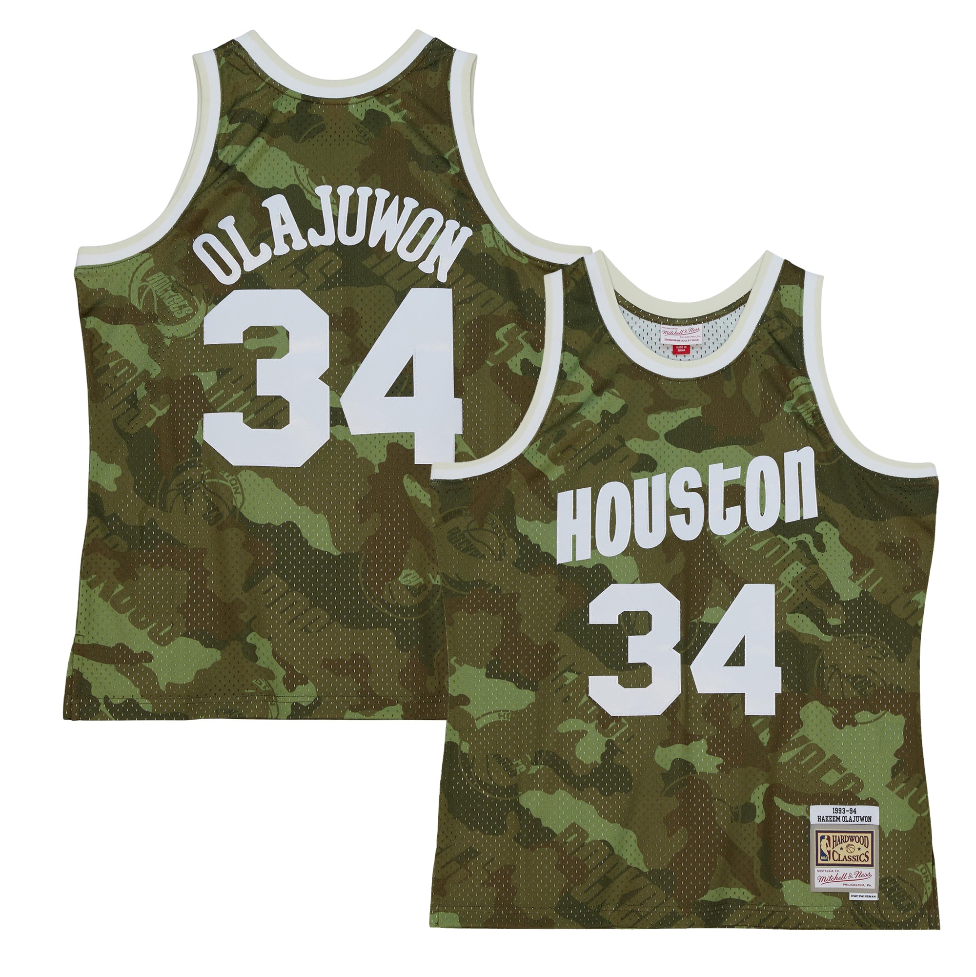 Hakeem Olajuwon Houston Rockets Mitchell & Ness Hardwood Classics 1993\/94 Ghost Green Swingman Jersey - Camo