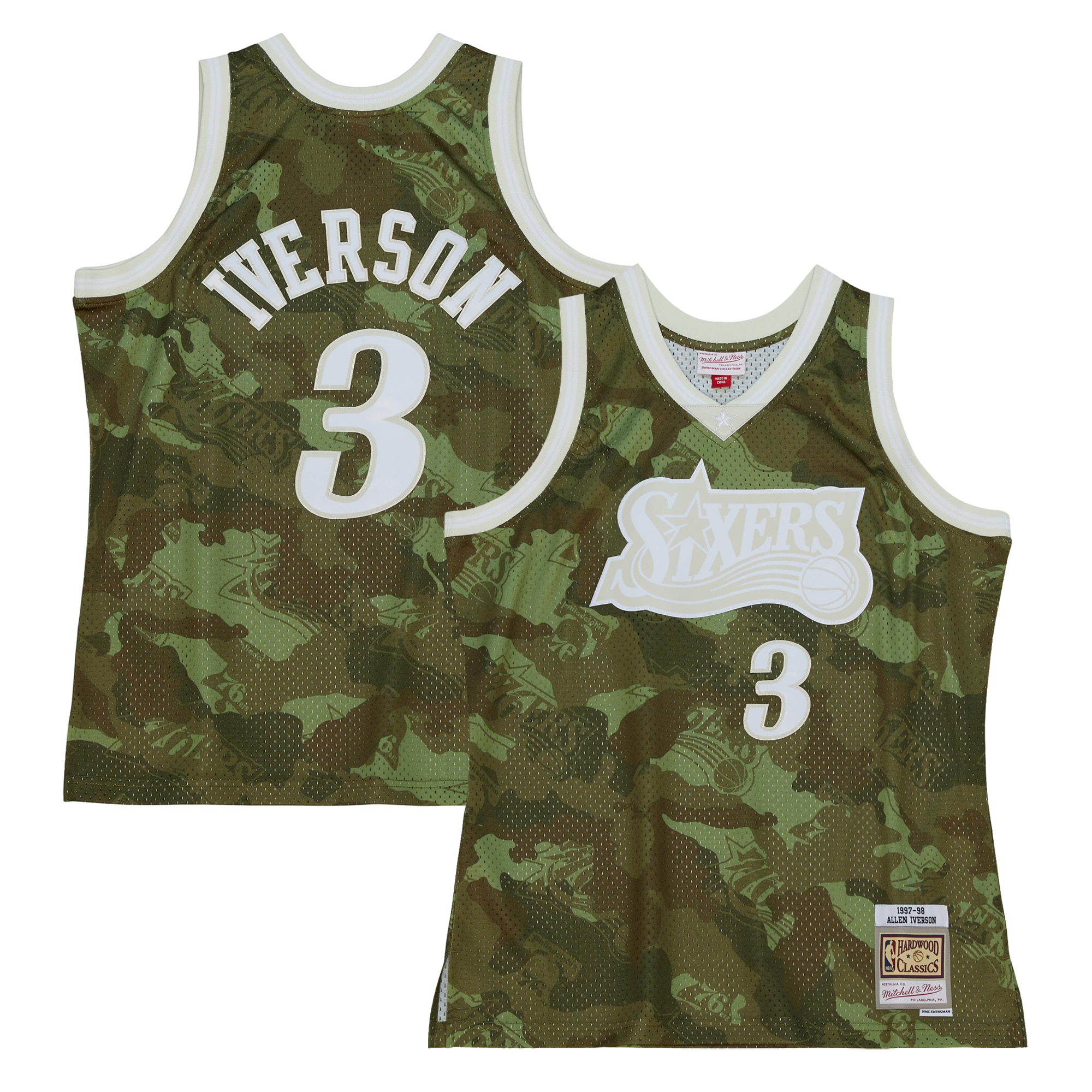 Allen Iverson Philadelphia 76ers Mitchell & Ness Hardwood Classics 1997\/98 Ghost Green Swingman Jersey - Camo