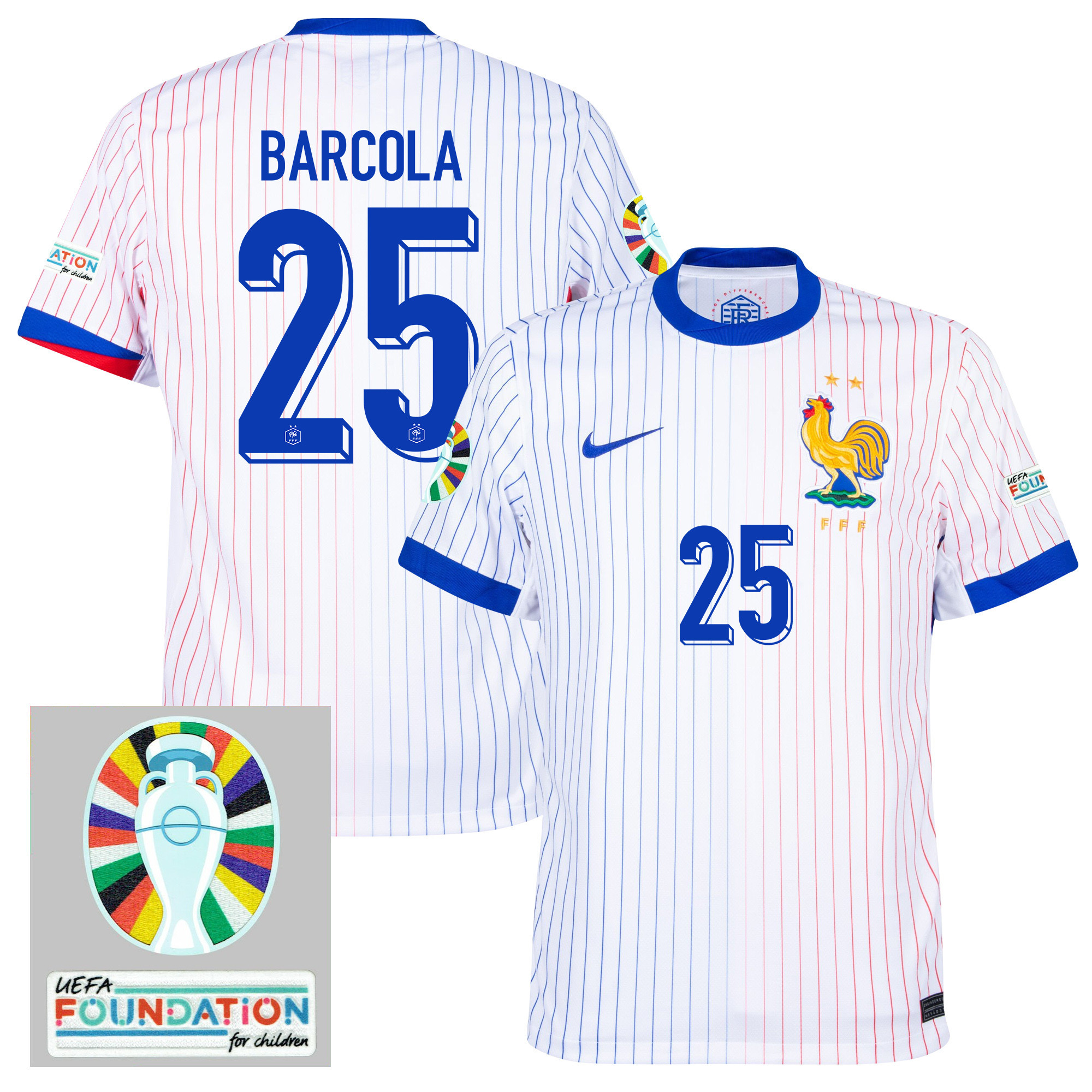 Bradley Barcola 25 France National Team 2024/25 Away Jersey - Euro UEFA Patch - Men, White