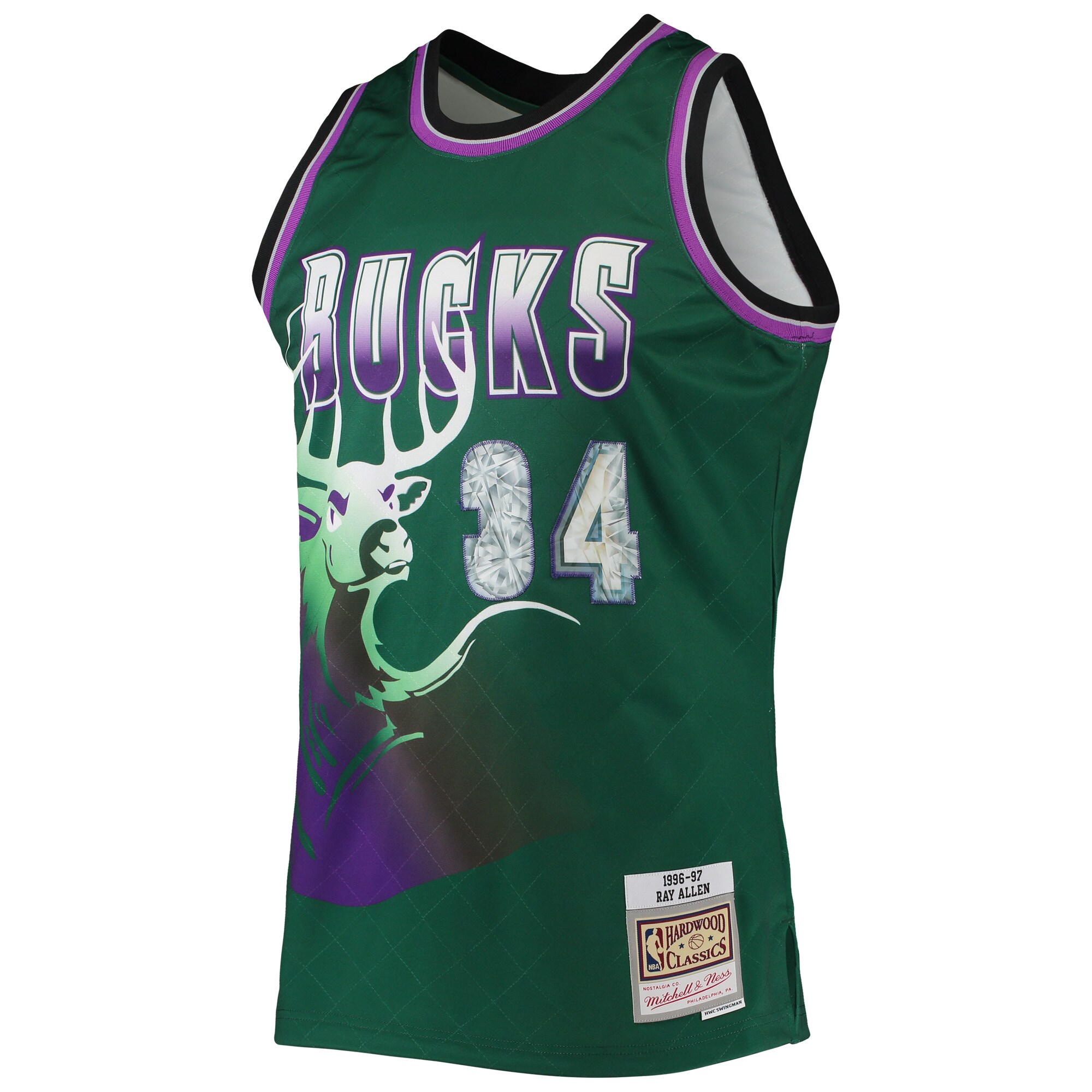 Ray Allen Milwaukee Bucks Mitchell & Ness 1996\/97 Hardwood Classics NBA 75th Anniversary Diamond Swingman Jersey - Green