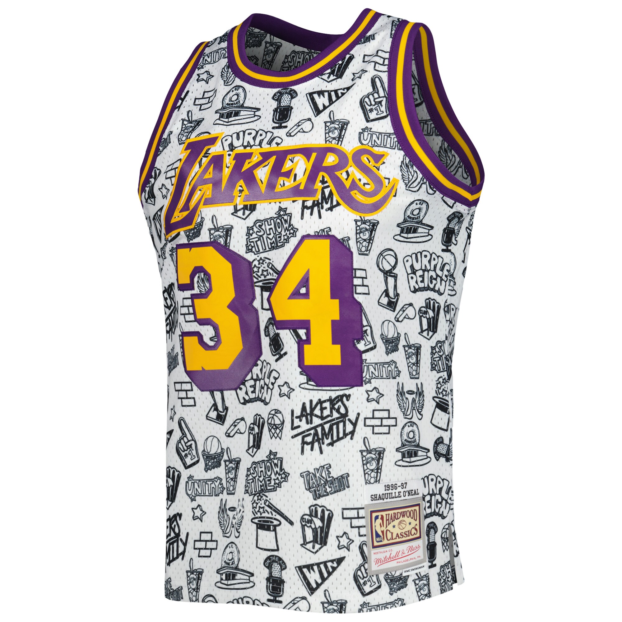 Shaquille O'Neal Los Angeles Lakers Mitchell & Ness 1996\/97 Hardwood Classics Doodle Swingman Jersey - White
