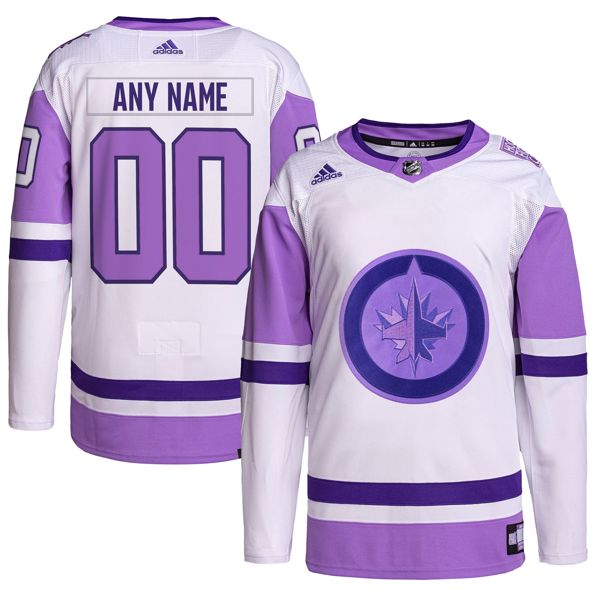 Winnipeg Jets adidas Hockey Fights Cancer Primegreen Authentic Custom Jersey - White\/Purple