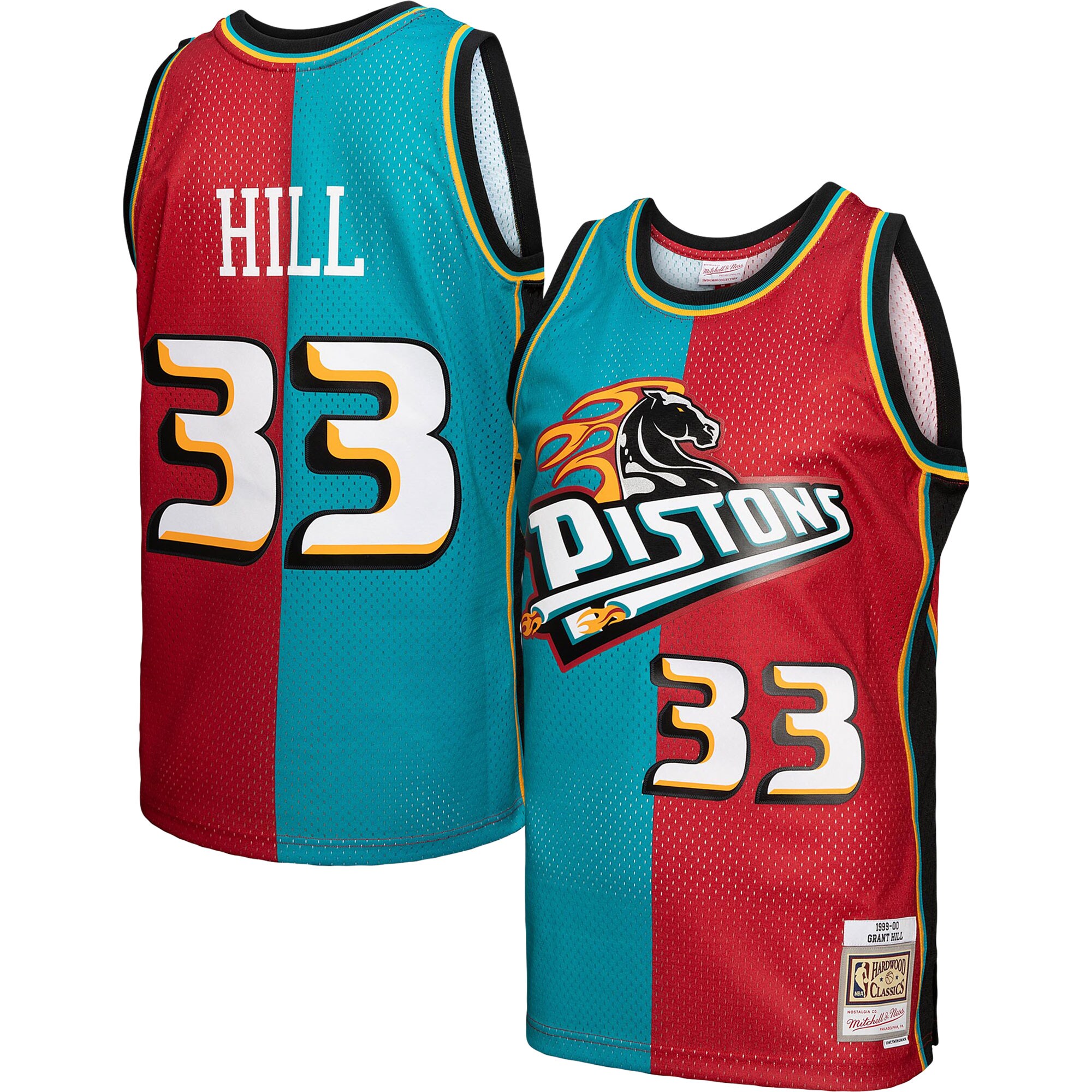 Grant Hill Detroit Pistons Mitchell & Ness Hardwood Classics 1999\/00 Split Swingman Jersey - Teal\/Red