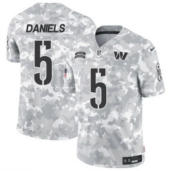Washington Commanders 5 Jayden Daniels 2024 F U S E Arctic Camo Salute To Service Limited Stitched Jersey