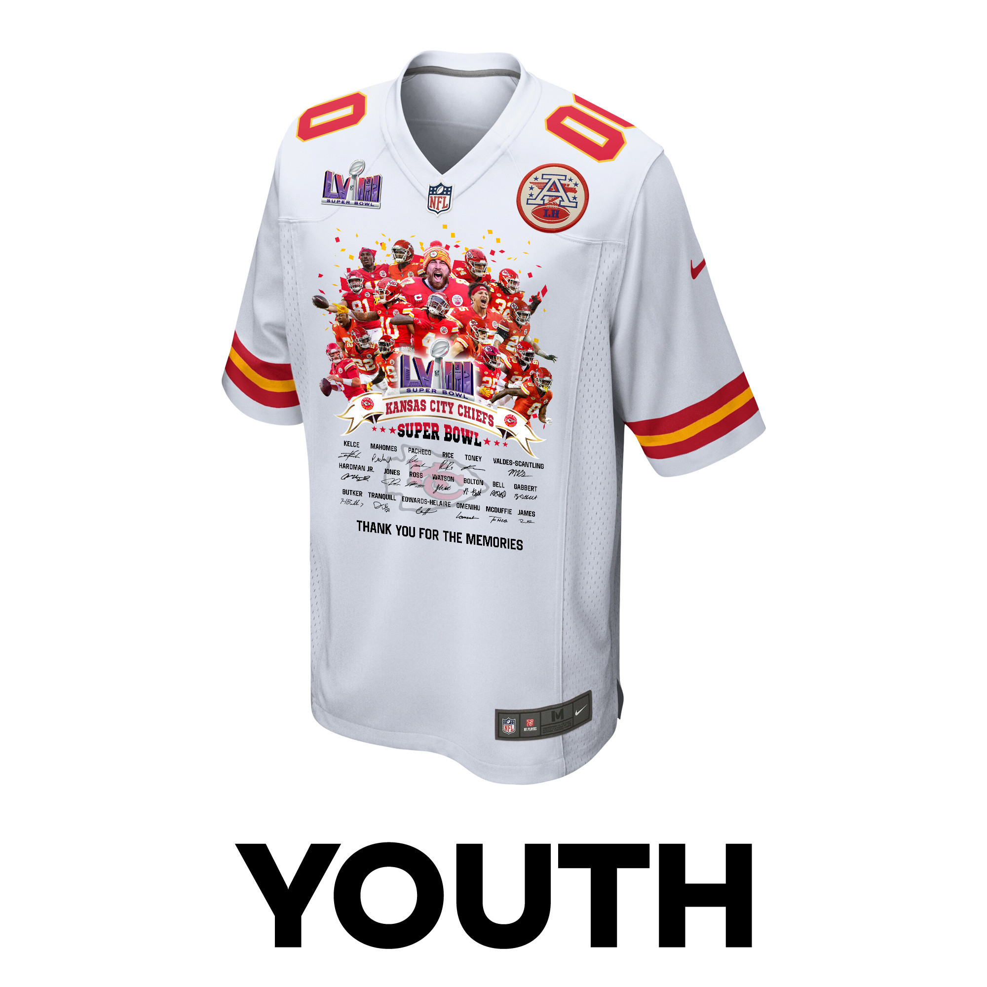Kansas City Chiefs Super Bowl LVIII Thanks For Memories Game Custom YOUTH Jersey - White
