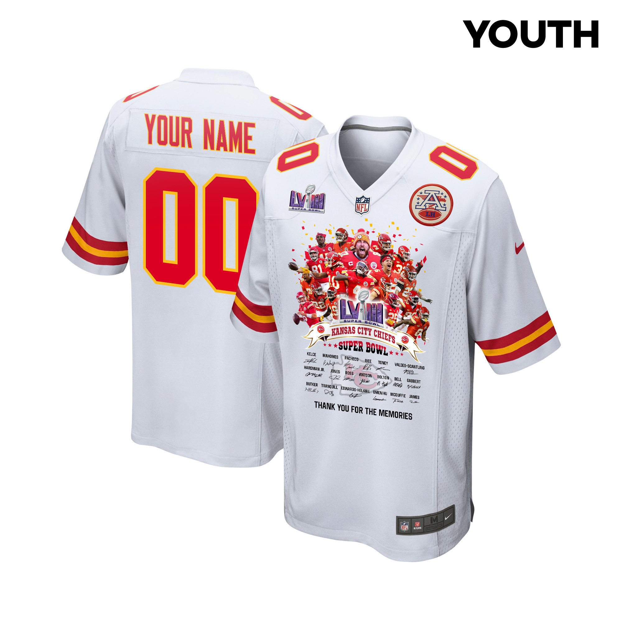 Kansas City Chiefs Super Bowl LVIII Thanks For Memories Game Custom YOUTH Jersey - White