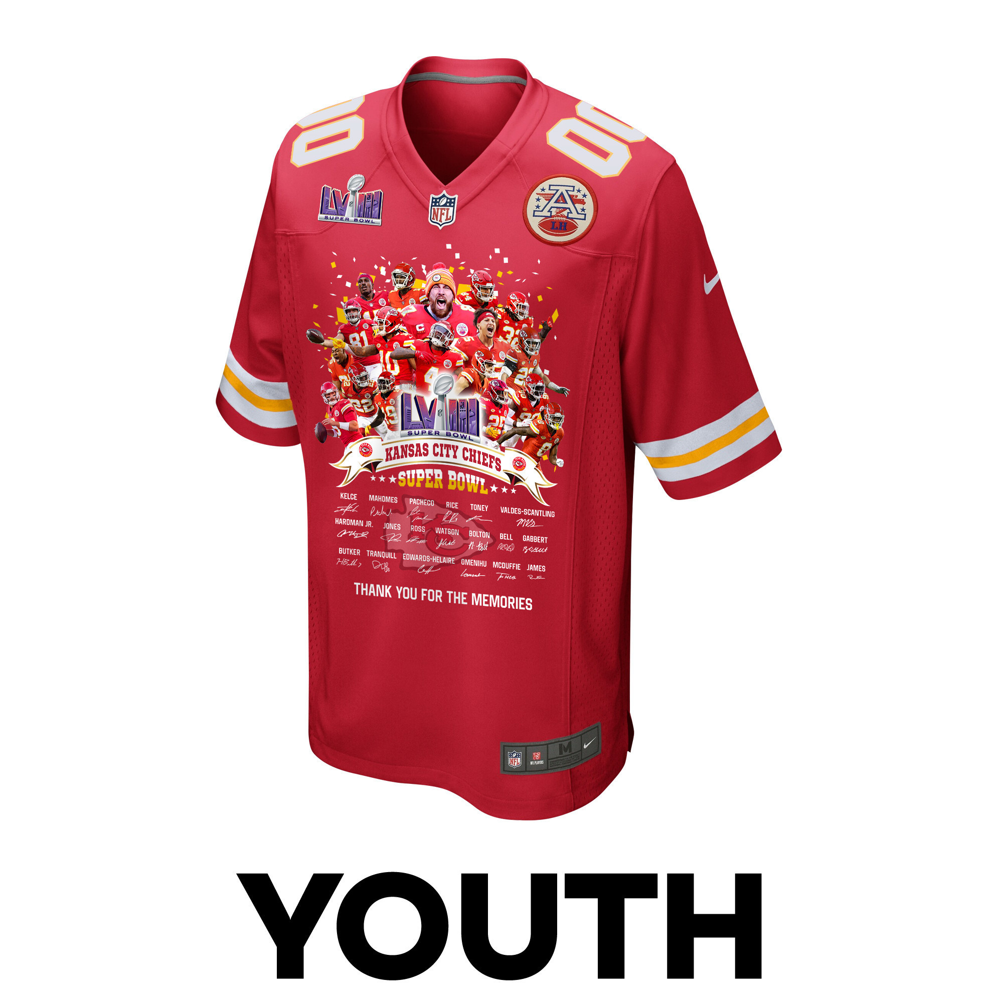 Kansas City Chiefs Super Bowl LVIII Thanks For Memories Game Custom YOUTH Jersey - Red