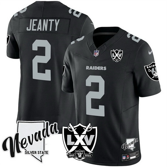 Las Vegas Raiders 2 Ashton Jeanty Black 2025 Draft F U S E With Nevada Silver Stat Patch And 65th Anniversary Patch Stitched Football Jersey