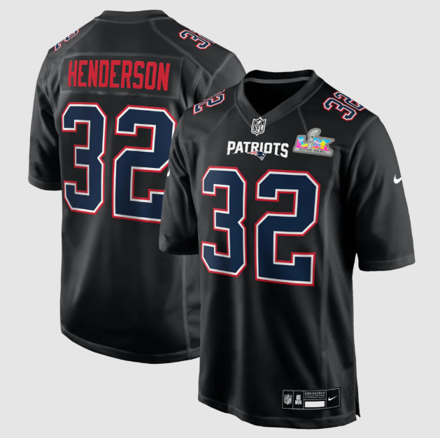 New England Patriots TreVeyon Henderson Black Super Bowl LX Patch Carbon Fashion Jersey