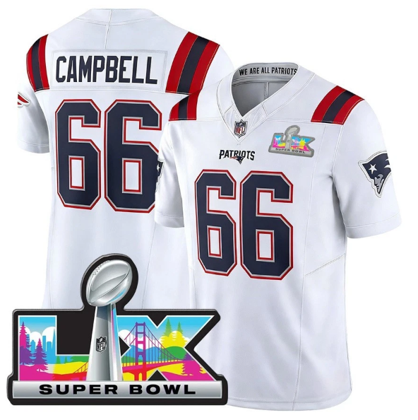 New England Patriots Will Campbell White Super Bowl LX Patch Jersey