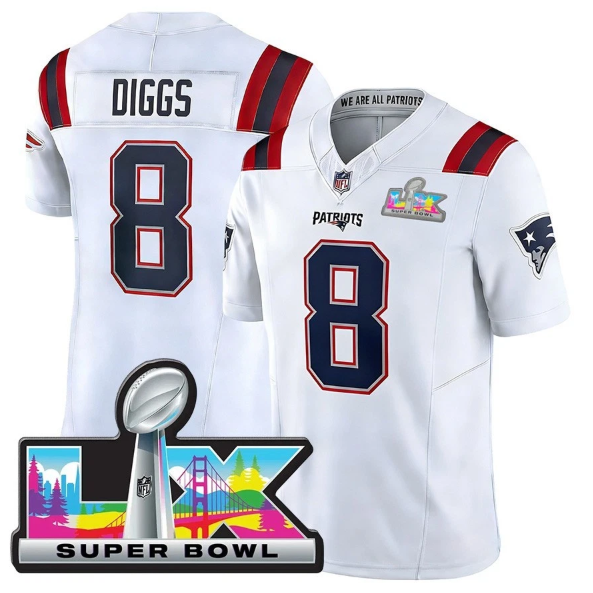 New England Patriots Stefon Diggs White Super Bowl LX Patch Jersey