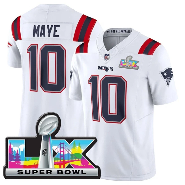 New England Patriots Drake Maye White Super Bowl LX Patch Jersey