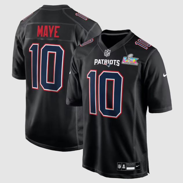 New England Patriots Drake Maye Black Super Bowl LX Patch Carbon Fashion Jersey