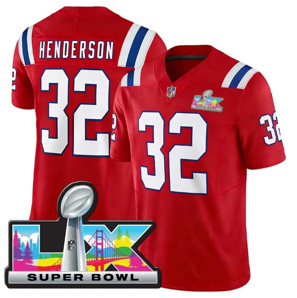 New England Patriots TreVeyon Henderson Red Super Bowl LX Patch Jersey